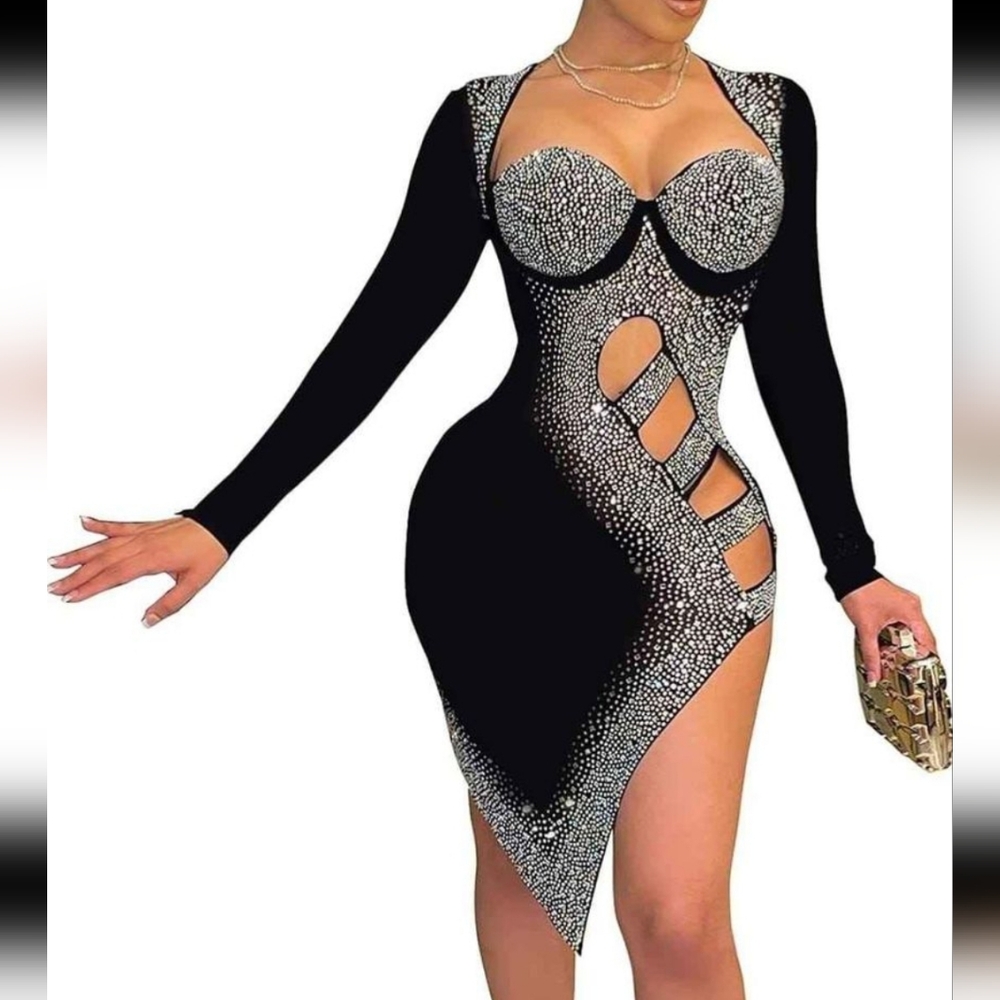New Black Sexy Dress Mini Asymmetrical Sequin Sparkly Open front Size S